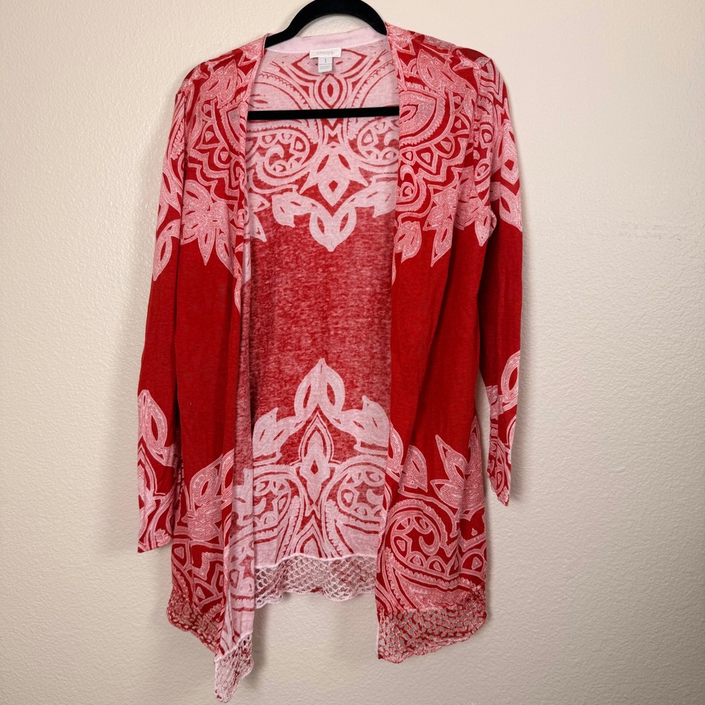 Chico's Medallion Print Cardigan Women 1 M Red Pink Excellent Linen Crochet Hem
